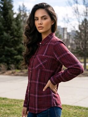 GAP Maroon, Pink & Black Plaid Button-Up Shirt